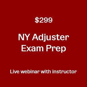 A red background with white text that says $ 2 9 9 ny adjuster exam prep.