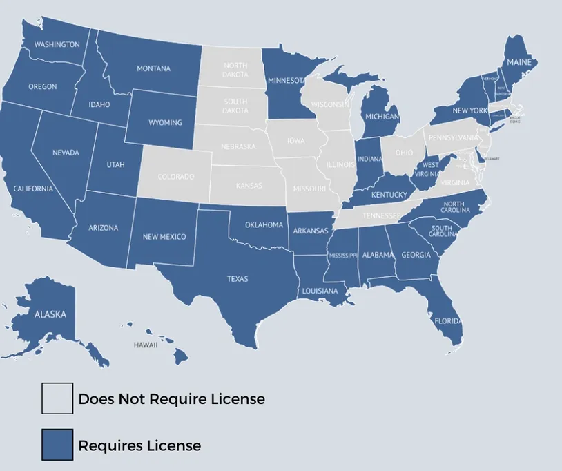 A map of the united states with a license and no license