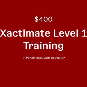 A red background with white text that says $ 4 0 0 xactimate level 1 training in person class with instructor.