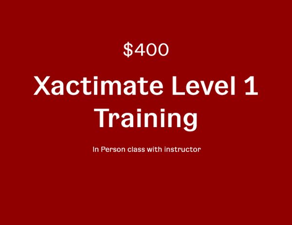 A red background with white text that says $ 4 0 0 xactimate level 1 training in person class with instructor.