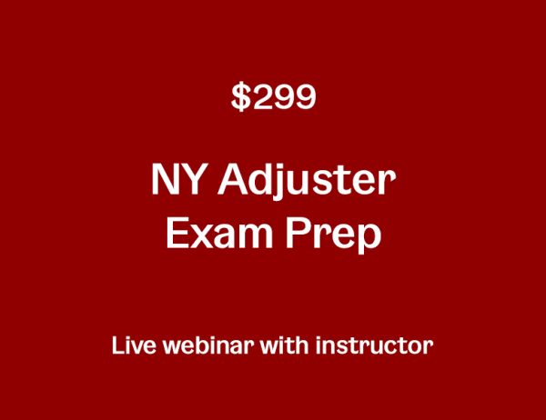 A red background with white text that says $ 2 9 9 ny adjuster exam prep.